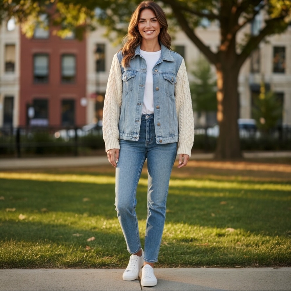 UNIF Urban Outfitters Vici Blue Denim Jacket Cream Cable Knit Sleeves Size L - Picture 3 of 13